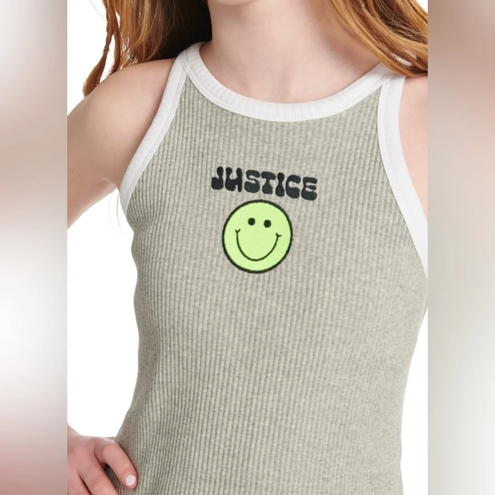 Ribbed Gray Sleeveless Dress  Graphic Print Smile Patch New girls 7-8